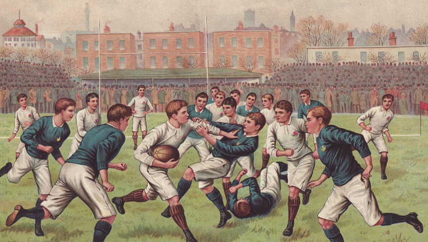 Illustration of school boys playing Rugby